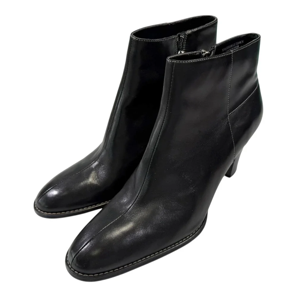 AK Anne Klein 10M Black Leather Ankle Boots Pointed Toe Heel Officecore Chic